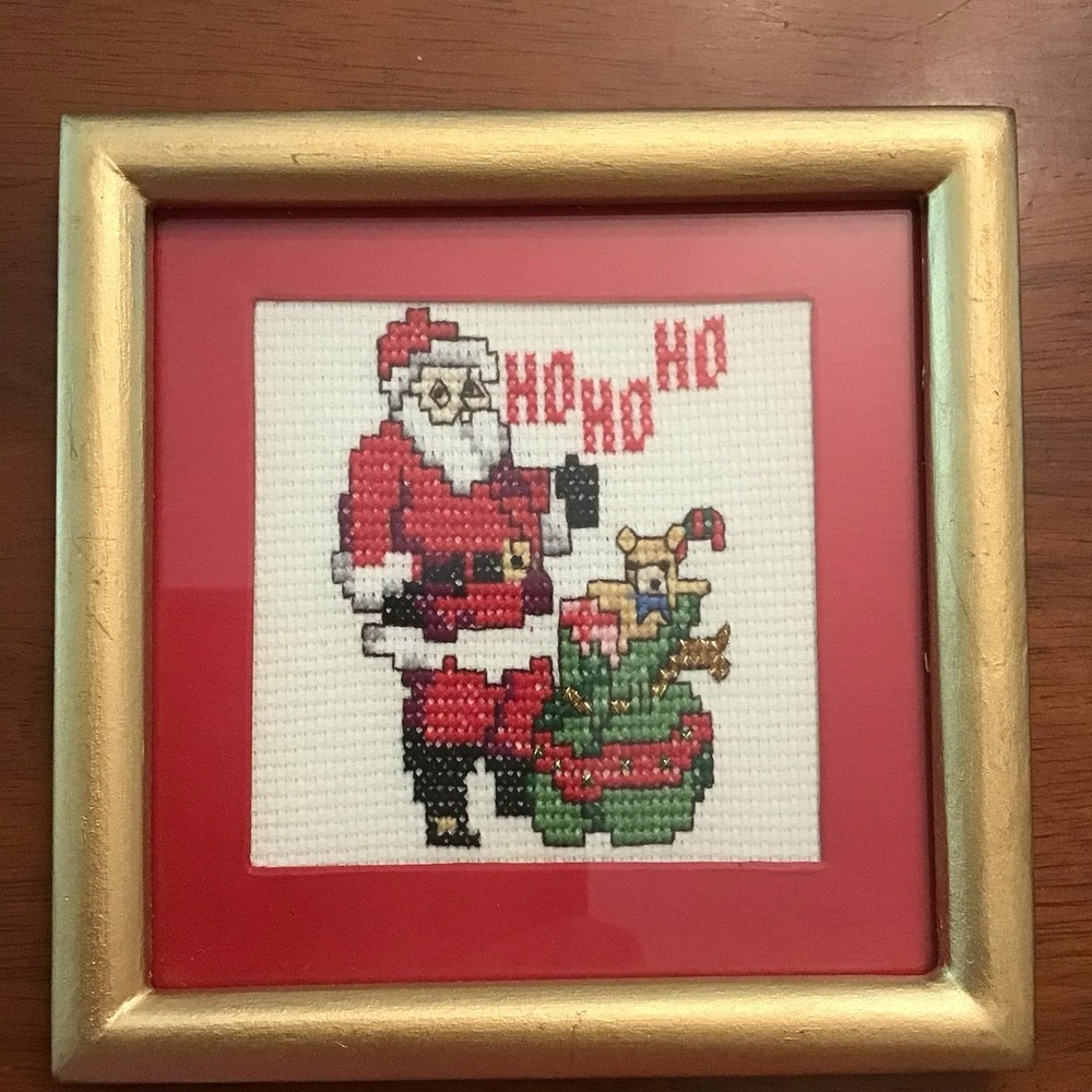 Framed Santa Cross-Stitch Art in Gold and Red